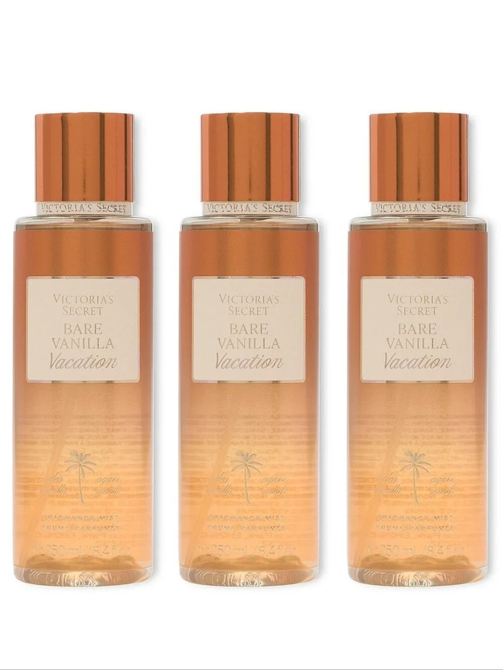 Victoria's Secret Bare Vanilla Vacation Fragrance Body Mist Set of 3 NEW